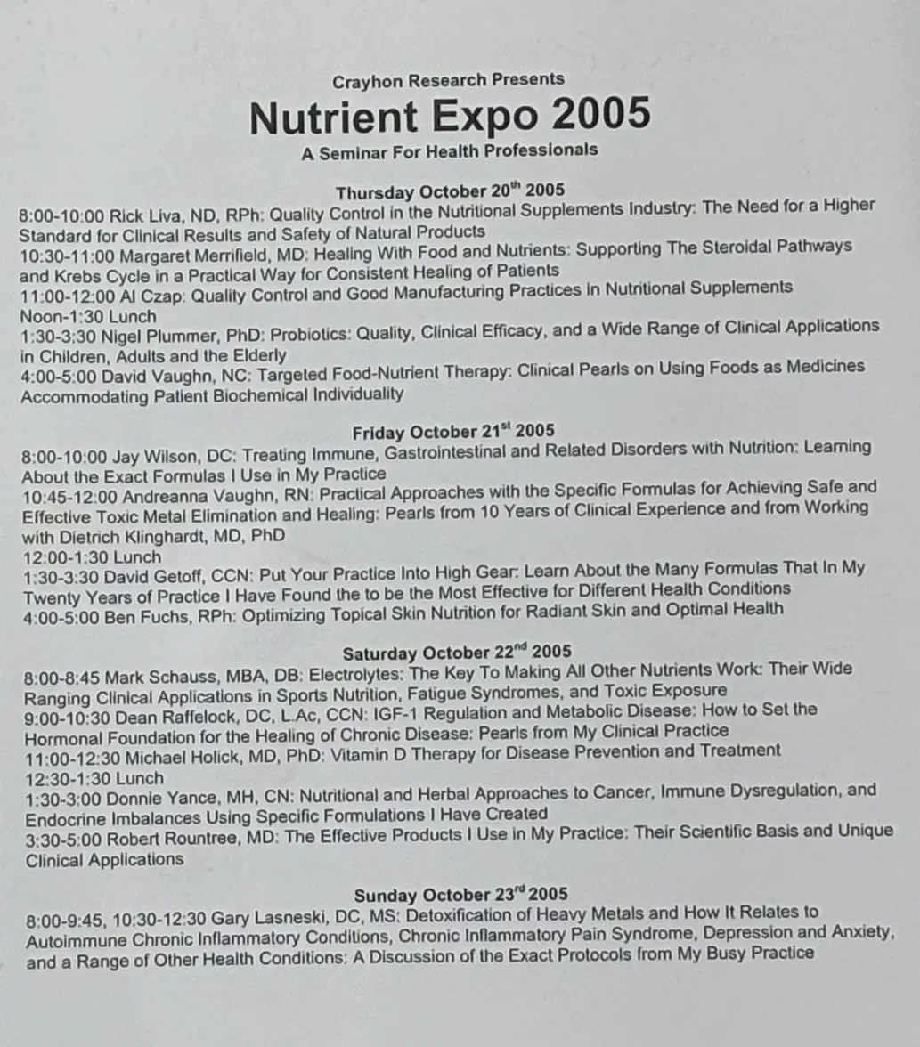 Crayhon Research Nutrient Expo 2005 - A Seminar For Health Professionals - programme listing speakers including Rick Liva, Nigel Plummer, Michael Holick, Mark Schauss