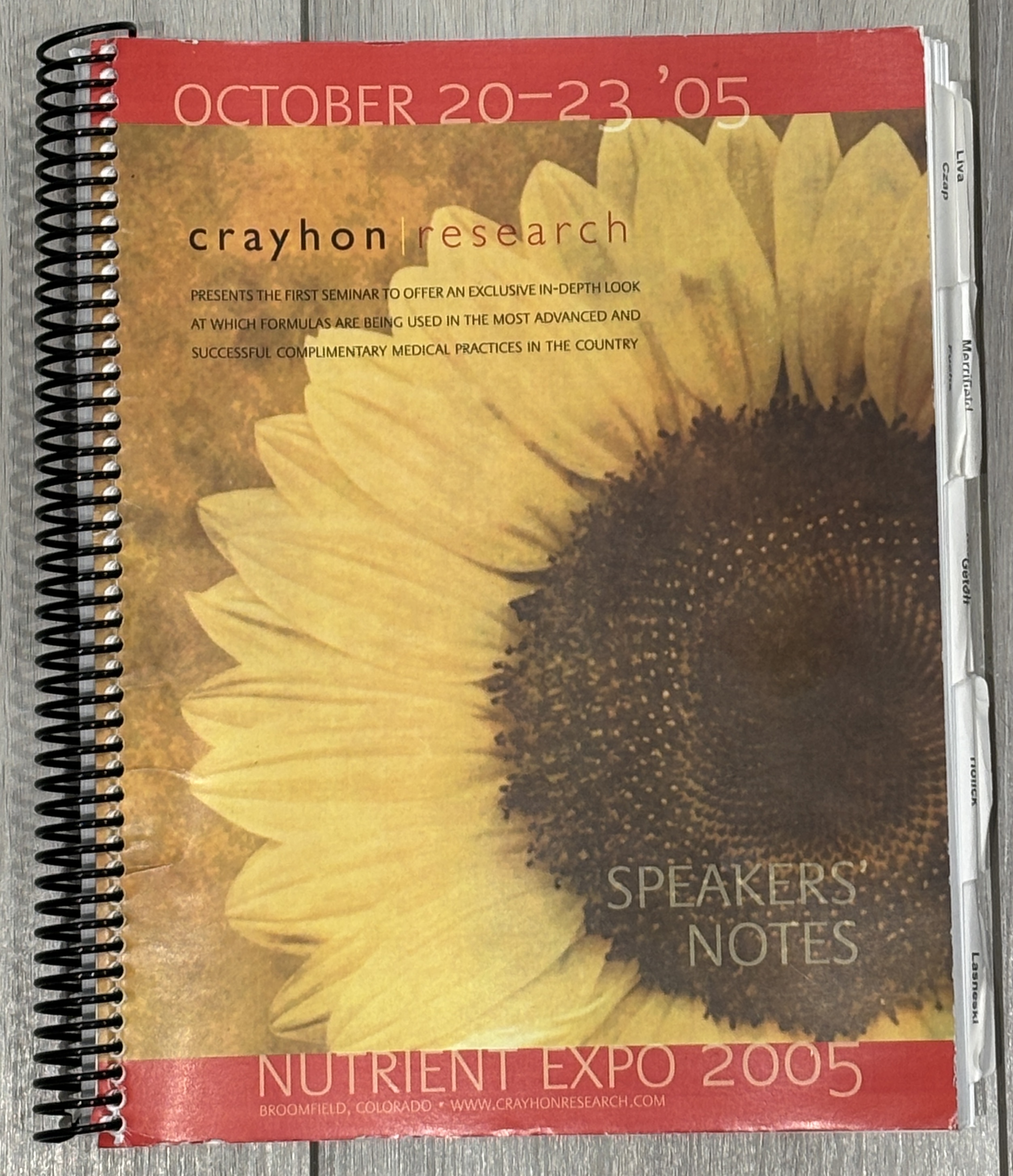 Crayhon Research Nutrient Expo 2005 Speakers Notes booklet with tabbed dividers for each presenter
