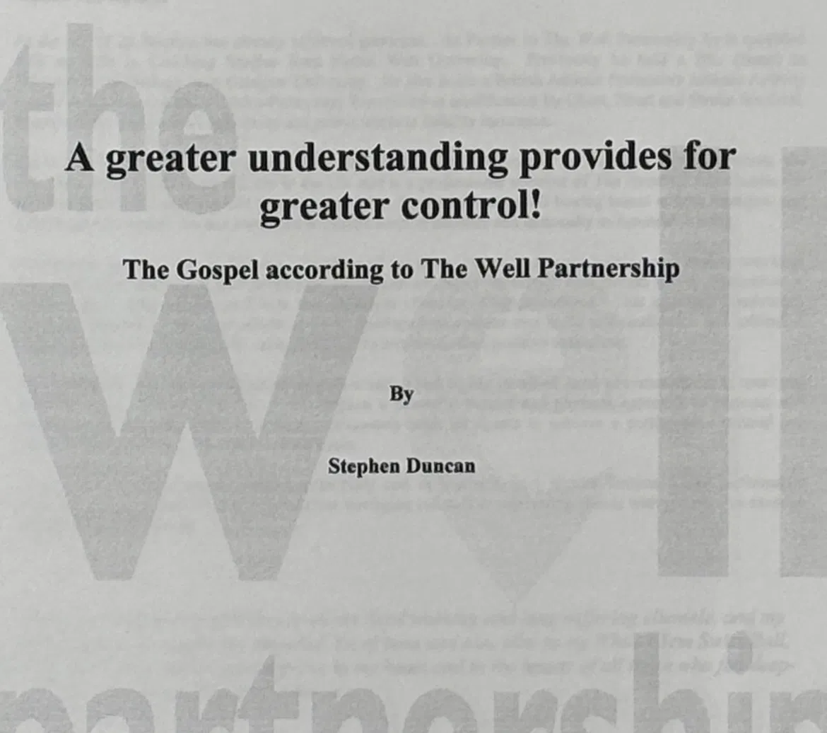 Title page of The Ultimate in Well Being diet manual by Stephen Duncan, mid-1990s - A greater understanding provides for greater control - The Gospel according to The Well Partnership