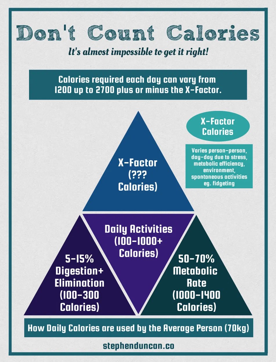 Pyramid diagram showing how daily calories are used: metabolic rate 50-70%, daily activities 100-1000+, digestion 5-15%, X-Factor at the apex — varies person to person day to day