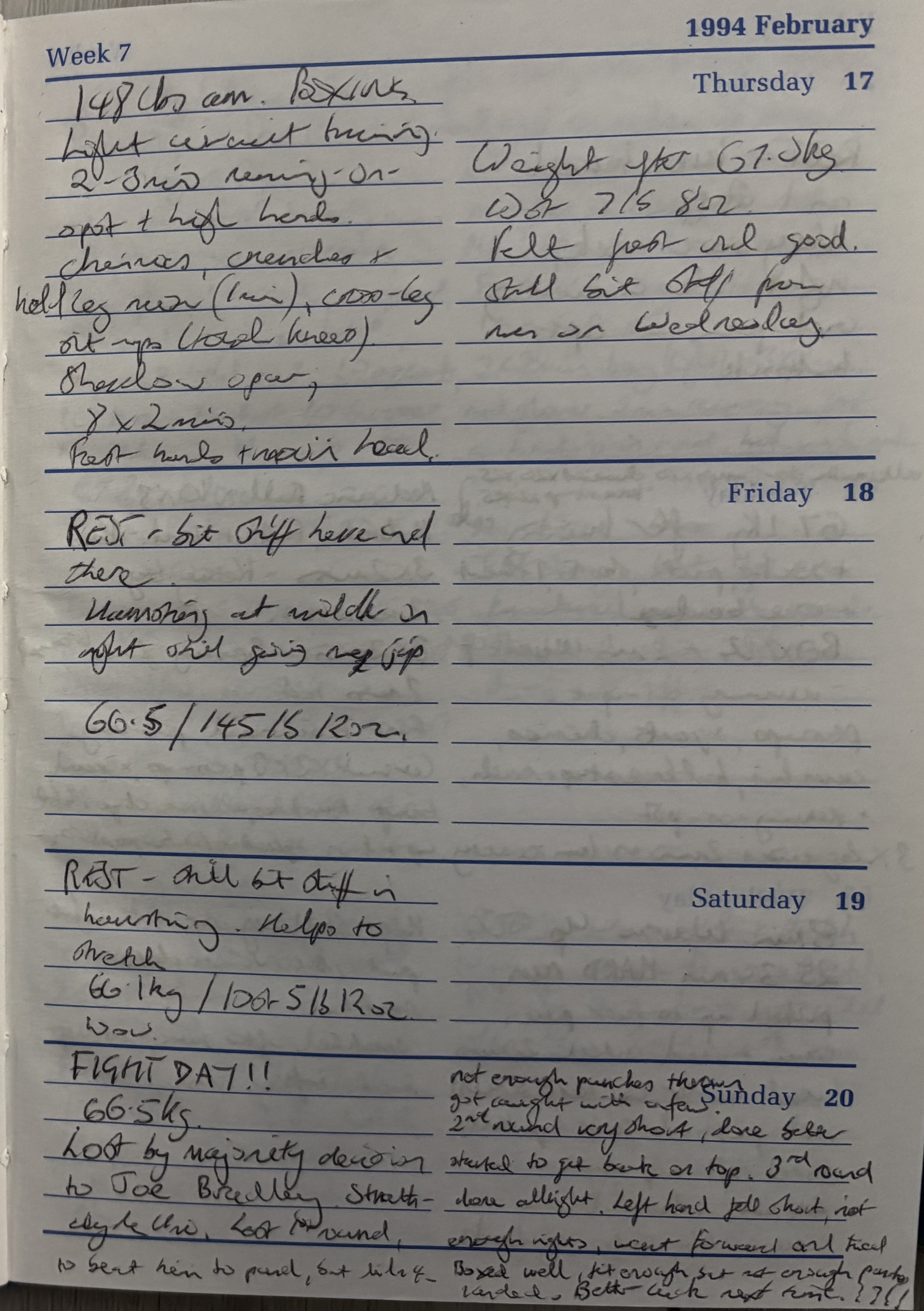 Diary pages showing Thursday through Sunday February 17-20 1994 including FIGHT DAY entry with post-match analysis