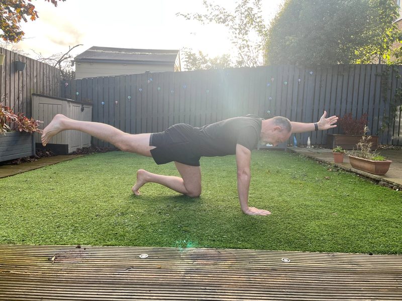 Stephen on hands and knees with the opposite arm and leg reaching out level, side view