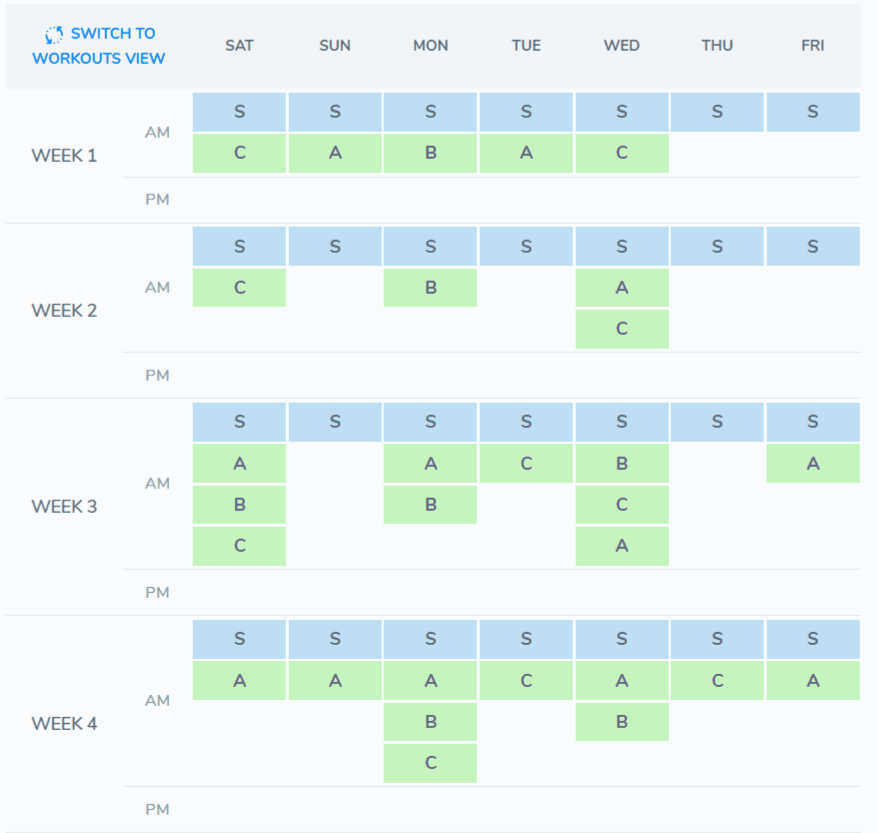 Sample four-week training calendar: daily stretches and three workouts, A, B and C, spread across the weeks