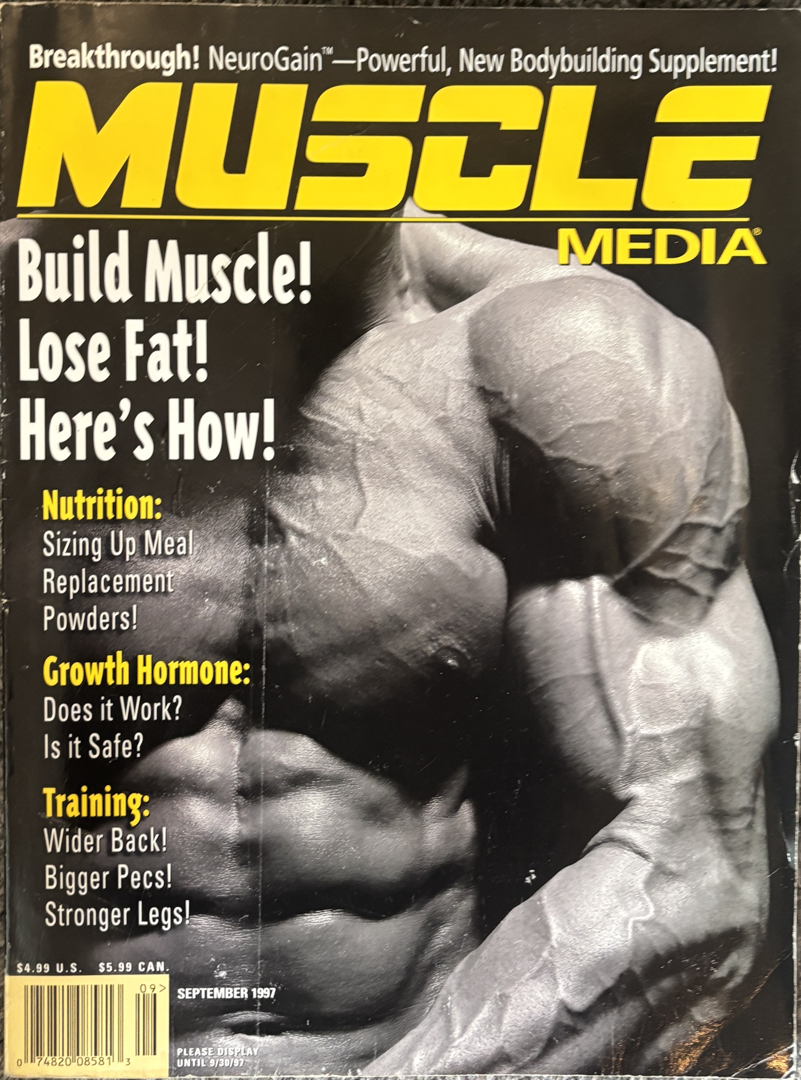 Muscle Media magazine September 1997 cover - featuring NeuroGain supplement, growth hormone, meal replacement powder reviews