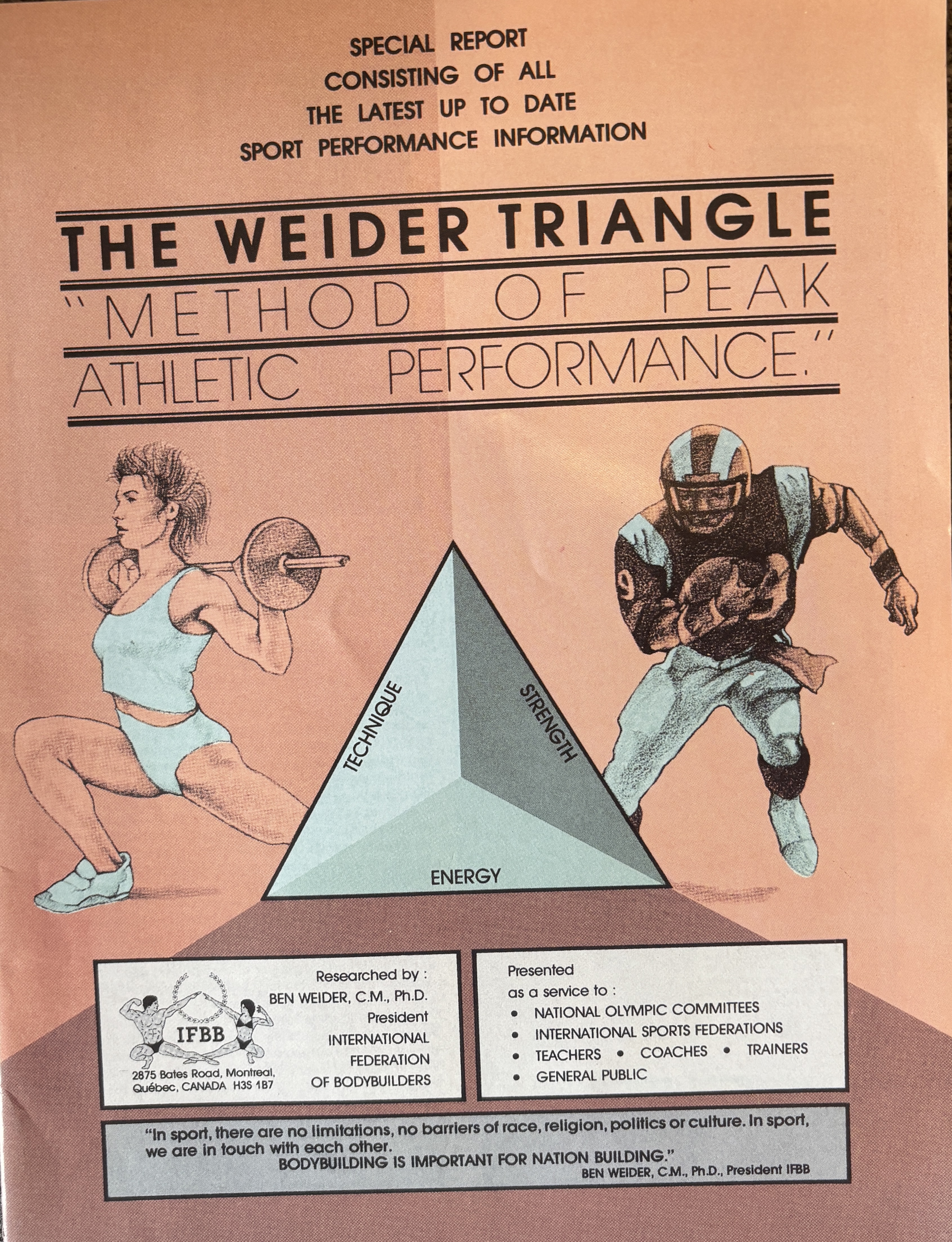 The Weider Triangle Method of Peak Athletic Performance - Ben Weider IFBB special report - showing technique, strength and energy as the three pillars