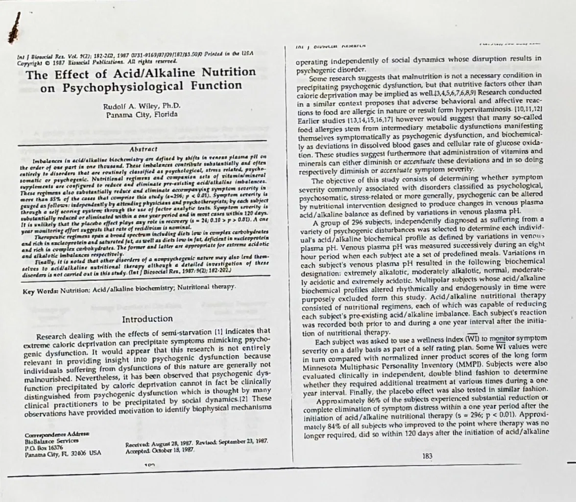 Rudolf Wiley 1987 paper - The Effect of Acid/Alkaline Nutrition on Psychophysiological Function - International Journal of Biosocial Research
